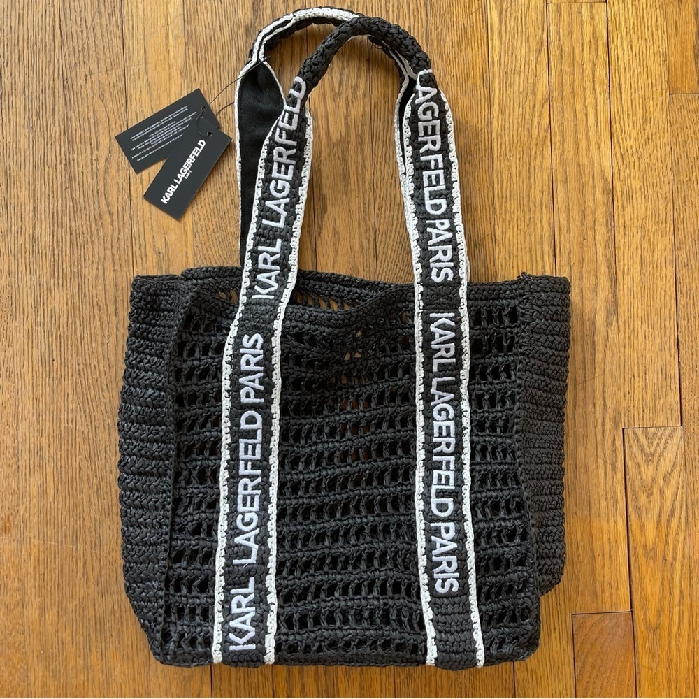 Karl Lagerfeld Antibes Straw Tote Beach Bag Logo Strap Black NWT